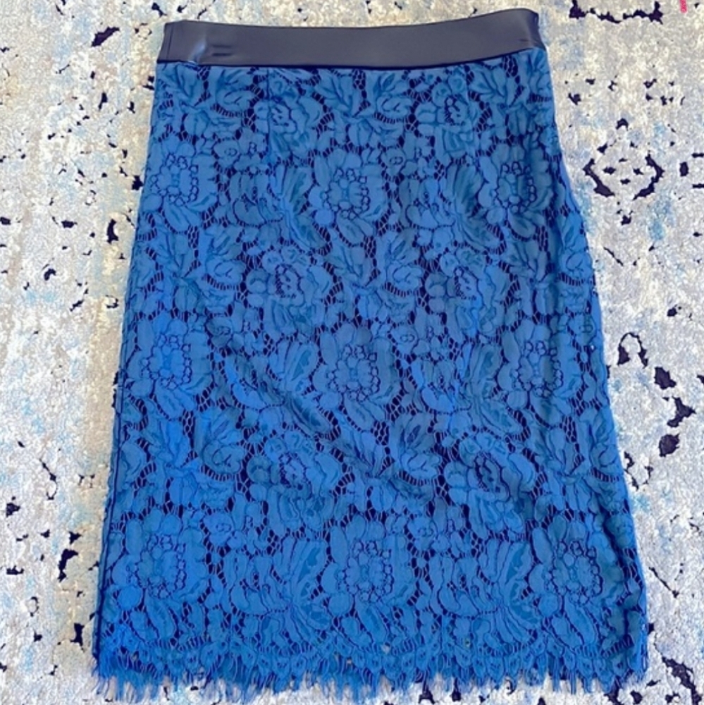 BRIXON IVY PENCIL LACE BLUE LEATHER WAISTED SKIRT SIZE M